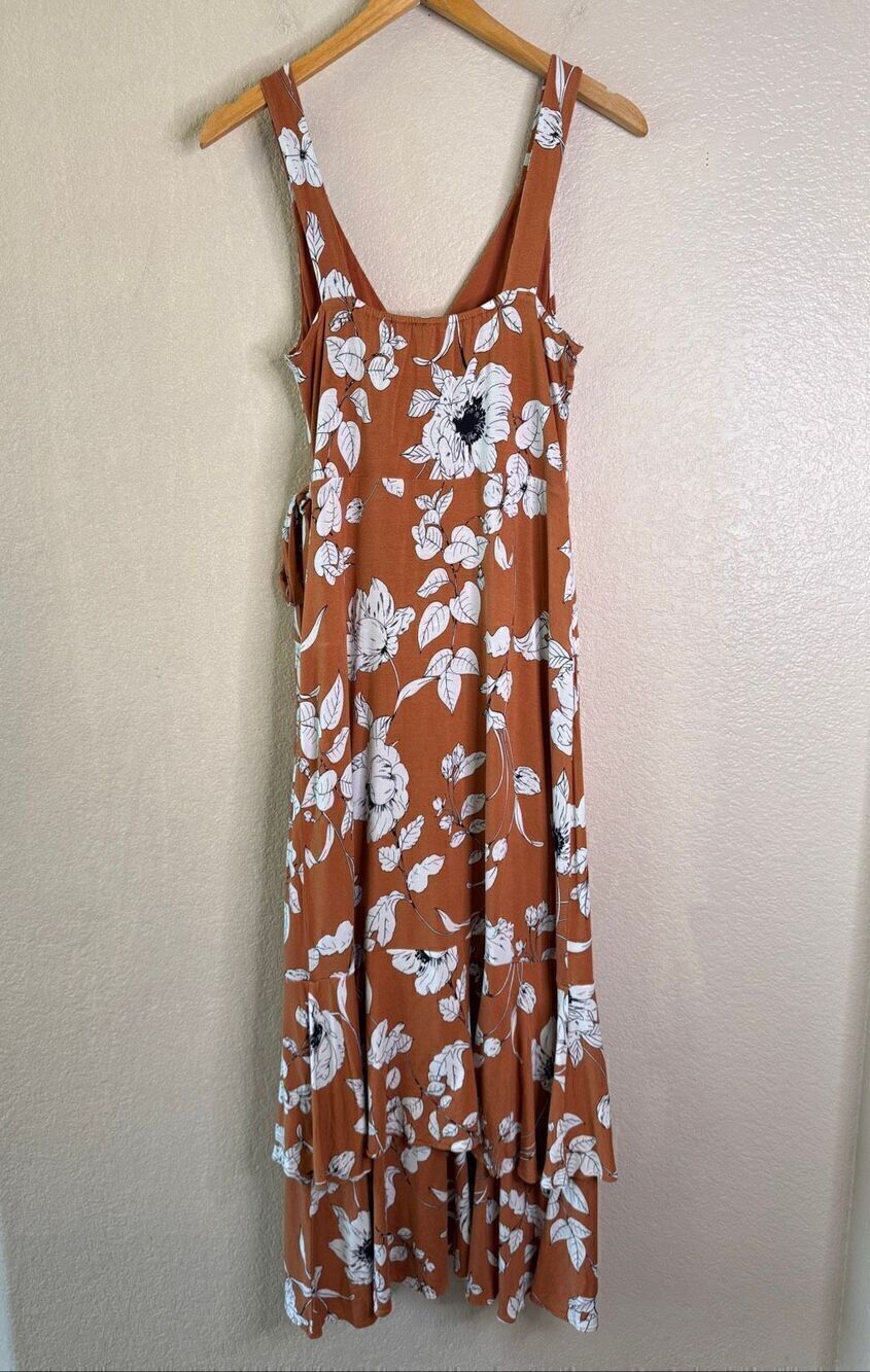 Anthropologie Ruffled Floral Midi Dress Womens Small Faux Wrap Rust Orange Boho - Picture 9 of 15